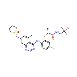 Cc1cc(N=S2(=O)CCCC2)cc2ncnc(Nc3ccc(F)cc3O[C@H](C)C(=O)NCC(C)(C)O)c12 ZINC001772611877