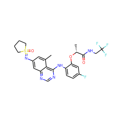 Cc1cc(N=S2(=O)CCCC2)cc2ncnc(Nc3ccc(F)cc3O[C@H](C)C(=O)NCC(F)(F)F)c12 ZINC001772656077