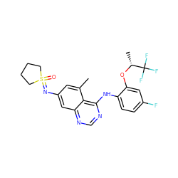 Cc1cc(N=S2(=O)CCCC2)cc2ncnc(Nc3ccc(F)cc3O[C@H](C)C(F)(F)F)c12 ZINC000220941887