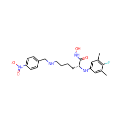 Cc1cc(N[C@H](CCCCNCc2ccc([N+](=O)[O-])cc2)C(=O)NO)cc(C)c1F ZINC000064512702