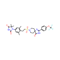 Cc1cc(N2C(=O)NC(=O)C2(C)C)cc(C)c1CCS(=O)(=O)N1CCC2(CC1)N=C(c1ccc(OC(F)(F)F)cc1)NC2=O ZINC000209465531