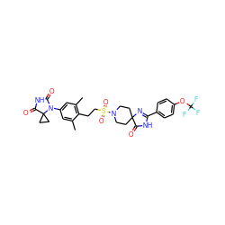 Cc1cc(N2C(=O)NC(=O)C23CC3)cc(C)c1CCS(=O)(=O)N1CCC2(CC1)N=C(c1ccc(OC(F)(F)F)cc1)NC2=O ZINC000209465487