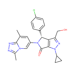 Cc1cc(N2C(=O)c3c(c(CO)nn3C3CC3)[C@H]2c2ccc(Cl)cc2)cn2c(C)nnc12 ZINC000261149941