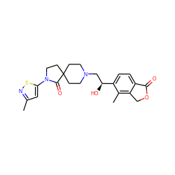 Cc1cc(N2CCC3(CCN(C[C@H](O)c4ccc5c(c4C)COC5=O)CC3)C2=O)sn1 ZINC001772587350