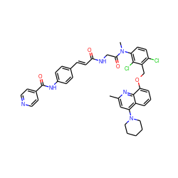 Cc1cc(N2CCCCC2)c2cccc(OCc3c(Cl)ccc(N(C)C(=O)CNC(=O)/C=C/c4ccc(NC(=O)c5ccncc5)cc4)c3Cl)c2n1 ZINC000026644050