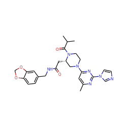 Cc1cc(N2CCN(C(=O)C(C)C)[C@@H](CC(=O)NCc3ccc4c(c3)OCO4)C2)nc(-n2ccnc2)n1 ZINC000035275915