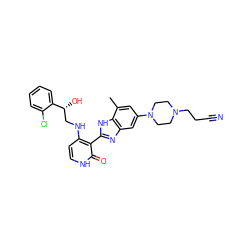 Cc1cc(N2CCN(CCC#N)CC2)cc2nc(-c3c(NC[C@@H](O)c4ccccc4Cl)cc[nH]c3=O)[nH]c12 ZINC000043023259