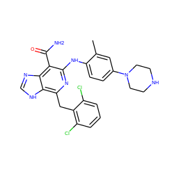 Cc1cc(N2CCNCC2)ccc1Nc1nc(Cc2c(Cl)cccc2Cl)c2[nH]cnc2c1C(N)=O ZINC000200847458