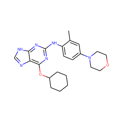 Cc1cc(N2CCOCC2)ccc1Nc1nc(OC2CCCCC2)c2nc[nH]c2n1 ZINC000084655143