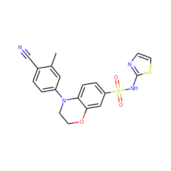 Cc1cc(N2CCOc3cc(S(=O)(=O)Nc4nccs4)ccc32)ccc1C#N ZINC000220214607