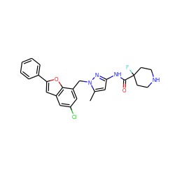 Cc1cc(NC(=O)C2(F)CCNCC2)nn1Cc1cc(Cl)cc2cc(-c3ccccc3)oc12 ZINC000073169235