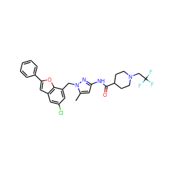 Cc1cc(NC(=O)C2CCN(CC(F)(F)F)CC2)nn1Cc1cc(Cl)cc2cc(-c3ccccc3)oc12 ZINC000073169237