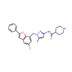 Cc1cc(NC(=O)C2CCNCC2)nn1Cc1cc(Cl)cc2cc(-c3ccccc3)oc12 ZINC000073156850