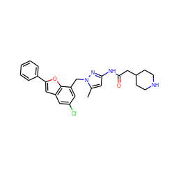 Cc1cc(NC(=O)CC2CCNCC2)nn1Cc1cc(Cl)cc2cc(-c3ccccc3)oc12 ZINC000073156846