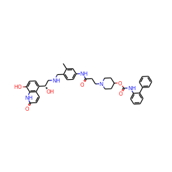 Cc1cc(NC(=O)CCN2CCC(OC(=O)Nc3ccccc3-c3ccccc3)CC2)ccc1CNC[C@H](O)c1ccc(O)c2[nH]c(=O)ccc12 ZINC000299862051