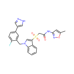 Cc1cc(NC(=O)CS(=O)(=O)c2cn(Cc3cc(-c4cn[nH]c4)ccc3F)c3ccccc23)no1 ZINC000071318364