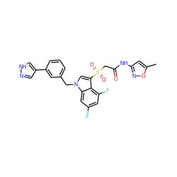 Cc1cc(NC(=O)CS(=O)(=O)c2cn(Cc3cccc(-c4cn[nH]c4)c3)c3cc(F)cc(F)c23)no1 ZINC000070461164