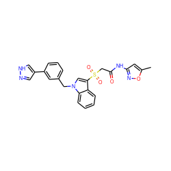 Cc1cc(NC(=O)CS(=O)(=O)c2cn(Cc3cccc(-c4cn[nH]c4)c3)c3ccccc23)no1 ZINC000070461159