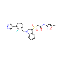 Cc1cc(NC(=O)CS(=O)(=O)c2cn(Cc3cccc(-c4cn[nH]c4)c3F)c3ccccc23)no1 ZINC000071330154