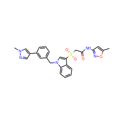 Cc1cc(NC(=O)CS(=O)(=O)c2cn(Cc3cccc(-c4cnn(C)c4)c3)c3ccccc23)no1 ZINC000071319392