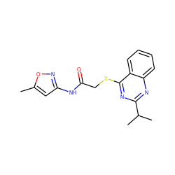 Cc1cc(NC(=O)CSc2nc(C(C)C)nc3ccccc23)no1 ZINC000001342942