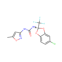 Cc1cc(NC(=O)N[C@@]2(C(F)(F)F)Oc3ccc(Cl)cc3O2)no1 ZINC000002494457