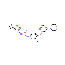 Cc1cc(NC(=O)Nc2cc(C(C)(C)C)on2)ccc1Oc1cc(N2CCCCC2)ncn1 ZINC001772641653