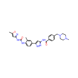 Cc1cc(NC(=O)Nc2ccc(-c3cc(NC(=O)c4ccc(CN5CCN(C)CC5)cc4)n[nH]3)cc2C)no1 ZINC000205328191