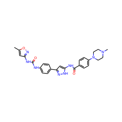 Cc1cc(NC(=O)Nc2ccc(-c3cc(NC(=O)c4ccc(N5CCN(C)CC5)cc4)[nH]n3)cc2)no1 ZINC000096270664