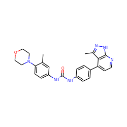 Cc1cc(NC(=O)Nc2ccc(-c3ccnc4[nH]nc(C)c34)cc2)ccc1N1CCOCC1 ZINC001772634564