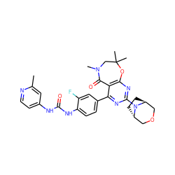 Cc1cc(NC(=O)Nc2ccc(-c3nc(N4[C@H]5CC[C@H]4COC5)nc4c3C(=O)N(C)CC(C)(C)O4)cc2F)ccn1 ZINC000205337162