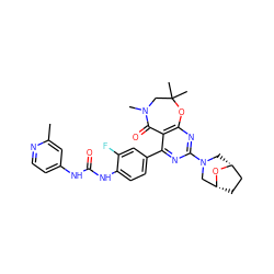 Cc1cc(NC(=O)Nc2ccc(-c3nc(N4C[C@@H]5CC[C@H](C4)O5)nc4c3C(=O)N(C)CC(C)(C)O4)cc2F)ccn1 ZINC000205337187