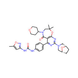 Cc1cc(NC(=O)Nc2ccc(-c3nc(N4C[C@@H]5CC[C@H](C4)O5)nc4c3C(=O)N(C3CCOCC3)CC(C)(C)O4)cc2)no1 ZINC000225299885