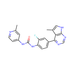 Cc1cc(NC(=O)Nc2ccc(-c3ncnc4[nH]cc(C)c34)cc2F)ccn1 ZINC000473153359