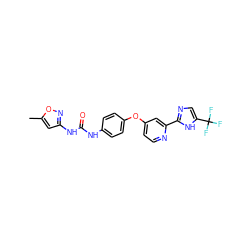 Cc1cc(NC(=O)Nc2ccc(Oc3ccnc(-c4ncc(C(F)(F)F)[nH]4)c3)cc2)no1 ZINC000084670377