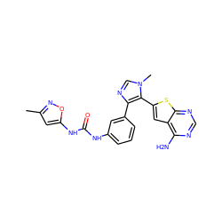 Cc1cc(NC(=O)Nc2cccc(-c3ncn(C)c3-c3cc4c(N)ncnc4s3)c2)on1 ZINC000049034218