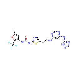 Cc1cc(NC(=O)Nc2ncc(CCNc3cc(Nc4ncn[nH]4)ncn3)s2)c(C(F)(F)F)o1 ZINC000034285233