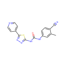 Cc1cc(NC(=O)Nc2nnc(-c3ccncc3)s2)ccc1C#N ZINC000096284271