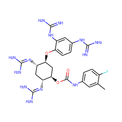 Cc1cc(NC(=O)O[C@@H]2C[C@H](Oc3ccc(NC(=N)N)cc3NC(=N)N)[C@@H](N=C(N)N)C[C@H]2N=C(N)N)ccc1F ZINC000044052915