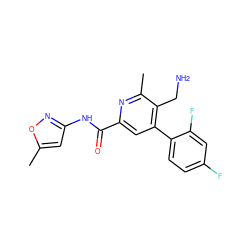 Cc1cc(NC(=O)c2cc(-c3ccc(F)cc3F)c(CN)c(C)n2)no1 ZINC000066128595