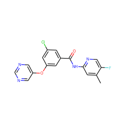 Cc1cc(NC(=O)c2cc(Cl)cc(Oc3cncnc3)c2)ncc1F ZINC000096939142