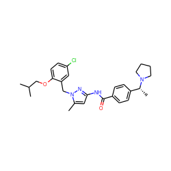 Cc1cc(NC(=O)c2ccc([C@@H](C)N3CCCC3)cc2)nn1Cc1cc(Cl)ccc1OCC(C)C ZINC000040953243