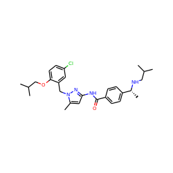 Cc1cc(NC(=O)c2ccc([C@@H](C)NCC(C)C)cc2)nn1Cc1cc(Cl)ccc1OCC(C)C ZINC000040430623