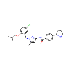 Cc1cc(NC(=O)c2ccc([C@@H]3CCCN3)cc2)nn1Cc1cc(Cl)ccc1OCC(C)C ZINC000040972583