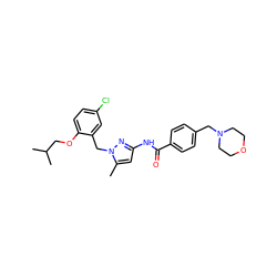 Cc1cc(NC(=O)c2ccc(CN3CCOCC3)cc2)nn1Cc1cc(Cl)ccc1OCC(C)C ZINC000040950577