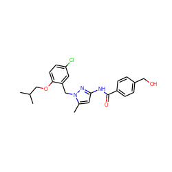 Cc1cc(NC(=O)c2ccc(CO)cc2)nn1Cc1cc(Cl)ccc1OCC(C)C ZINC000040379390