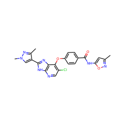 Cc1cc(NC(=O)c2ccc(Oc3c(Cl)cnc4[nH]c(-c5cn(C)nc5C)nc34)cc2)on1 ZINC000098052879