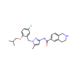 Cc1cc(NC(=O)c2ccc3c(c2)CCNC3)nn1Cc1cc(Cl)ccc1OCC(C)C ZINC000040953163