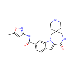 Cc1cc(NC(=O)c2ccc3cc4n(c3c2)CC2(CCNCC2)CNC4=O)no1 ZINC000147828050