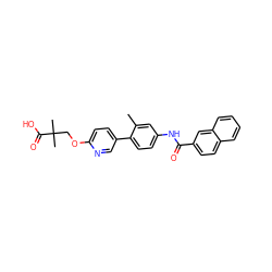 Cc1cc(NC(=O)c2ccc3ccccc3c2)ccc1-c1ccc(OCC(C)(C)C(=O)O)nc1 ZINC000073223292